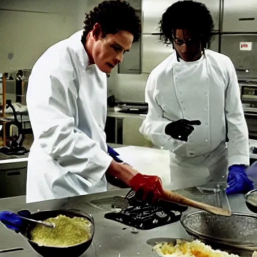 Image similar to Michael Jackson and Walter white cooking in the lab