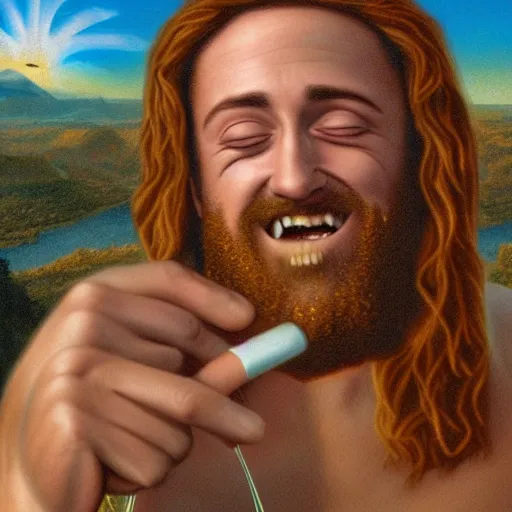 Prompt: an ultra detailed picture portrait of Mac Miller and Jesus smoking a joint in heaven, 8k, photorealistic,