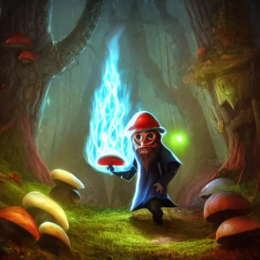 Prompt: evil mushroom - face barkskin wizard holding a glowing fungus moody, fantasy, dark, rim lighting, detailed, painting