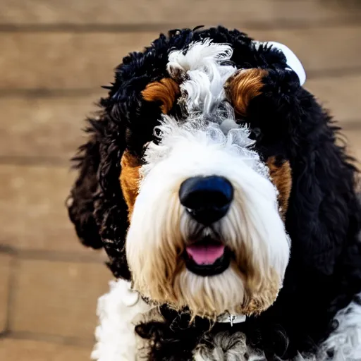 Image similar to a bernedoodle wearing a hat stylized icon trending high definition contrast