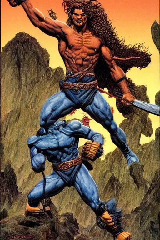 Prompt: A tall strong fighter by larry Elmore, Jeff easley and Frank Frazetta, and Boris Valejo