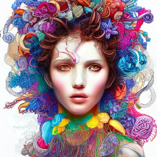 Image similar to the portrait of a ridiculously beautiful and elegant woman partially made of onion rings of all colors, an ultrafine detailed illustration by james jean, final fantasy, intricate linework, bright colors, behance contest winner, vanitas, angular, altermodern, unreal engine 5 highly rendered, global illumination, radiant light, detailed and intricate environment