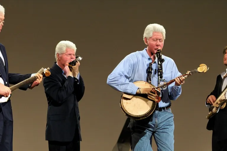 Image similar to george w bush playing banjo, bill clinton playing saxophone on stage