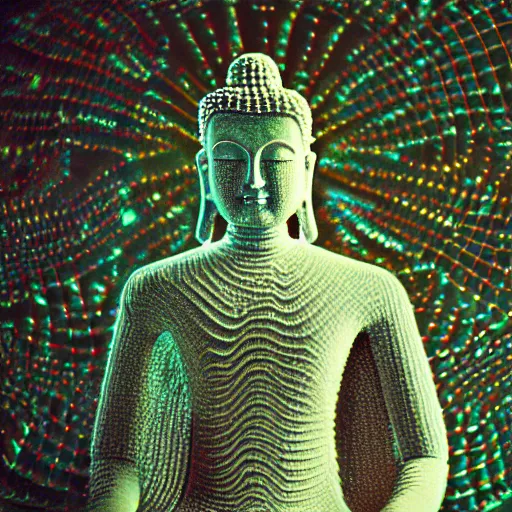 Image similar to robotic lifeform buddha meditating in front of a beautiful fractal neural network :: 35mm close up