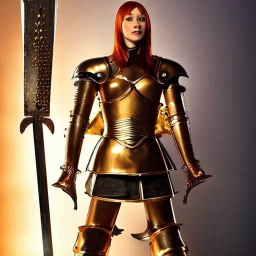 Image similar to a tall, red - haired female knight wearing golden armor with a long left arm golden prothesis, she wields a long golden blade
