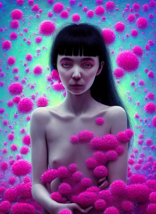 Image similar to hyper detailed 3d render like a Oil painting - kawaii portrait Aurora (black haired Singer woman) seen Eating of the Strangling network of yellowcake aerochrome and milky Fruit and Her delicate Hands hold of gossamer polyp blossoms bring iridescent fungal flowers whose spores black the foolish stars by Jacek Yerka, Mariusz Lewandowski, Houdini algorithmic generative render, Abstract brush strokes, Masterpiece, Edward Hopper and James Gilleard, Zdzislaw Beksinski, Mark Ryden, Wolfgang Lettl, hints of Yayoi Kasuma, octane render, 8k