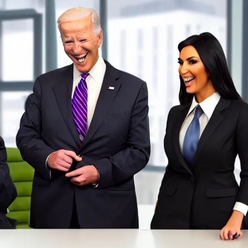 Image similar to stock photo of kim kardashian, joe biden, and bill gates wearing suits and ties laughing in an office building, 8k resolution, full HD, cinematic lighting, award winning, anatomically correct