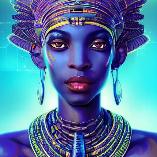 Image similar to highly detailed portrait of an african neon egyptian goddess, intricate alien technology, stephen bliss, unreal engine, fantasy art by greg rutkowski, loish, rhads, ferdinand knab, makoto shinkai and lois van baarle, ilya kuvshinov, rossdraws, tom bagshaw, global illumination, radiant light, detailed and intricate environment