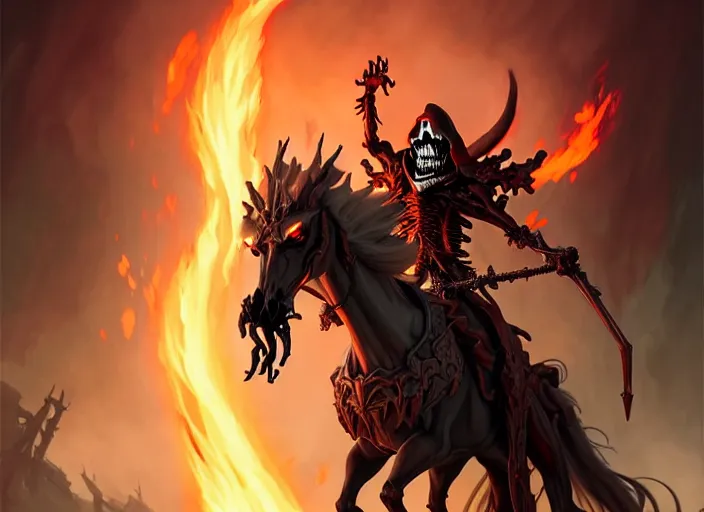 Image similar to ainz ooal gown leading the undead army to battle riding a flaming skeleton horse, highly detailed, deep focus, elegant, artstation, digital painting, smooth, sharp focus, illustration, ultra realistic, 8 k, art by artgerm and greg rutkowski and alphonse mucha