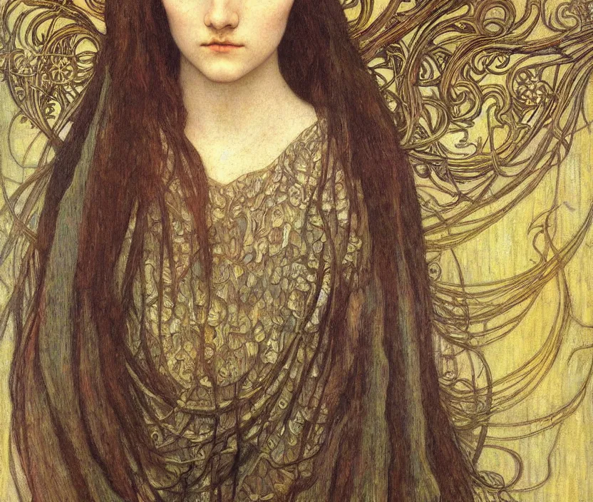 Image similar to detailed realistic beautiful young medieval queen face portrait by jean delville, alphonse mucha, vincent van gogh, and marco mazzoni, art nouveau, symbolist, visionary, gothic, pre - raphaelite