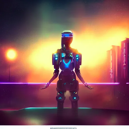 Image similar to cyberpunk concept cool warrior girl bot, galaxy, ufo, space sci - fi, wearing vr goggles, illustration, portrait, pastel neon textured background night, trending on artstation, greg rutkowski, octane rendered, 1 2 k, detailed,