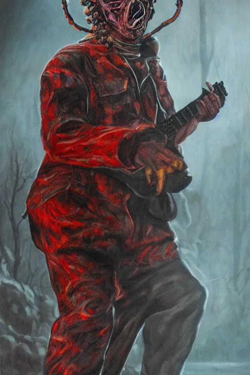 Prompt: a full body high detail fantasy portrait oil painting illustration of slipknot band in a lake of blood by justin sweet with face and body clearly visible, insane, realistic proportions, d & d, rpg, forgotten realms, artstation trending, high quality, sombre mood, artstation trending, muted colours, entire person visible!