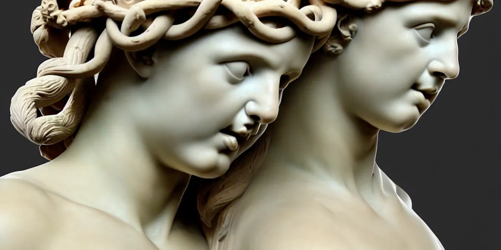 Image similar to greek sculpture, bust, flawless beauty, young woman as medusa