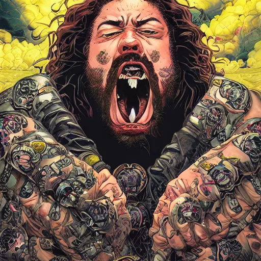 Prompt: portrait of crazy post malone punching, angry, symmetrical, by yoichi hatakenaka, masamune shirow, josan gonzales and dan mumford, ayami kojima, takato yamamoto, barclay shaw, karol bak, yukito kishiro