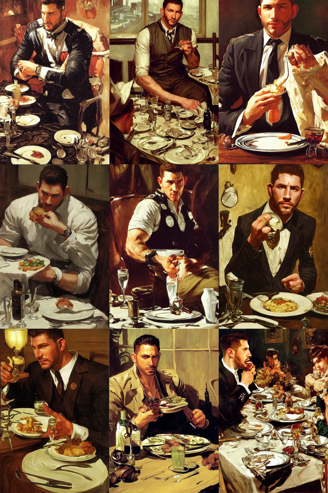 Prompt: chris redfield having dinner, painting by j. c. leyendecker