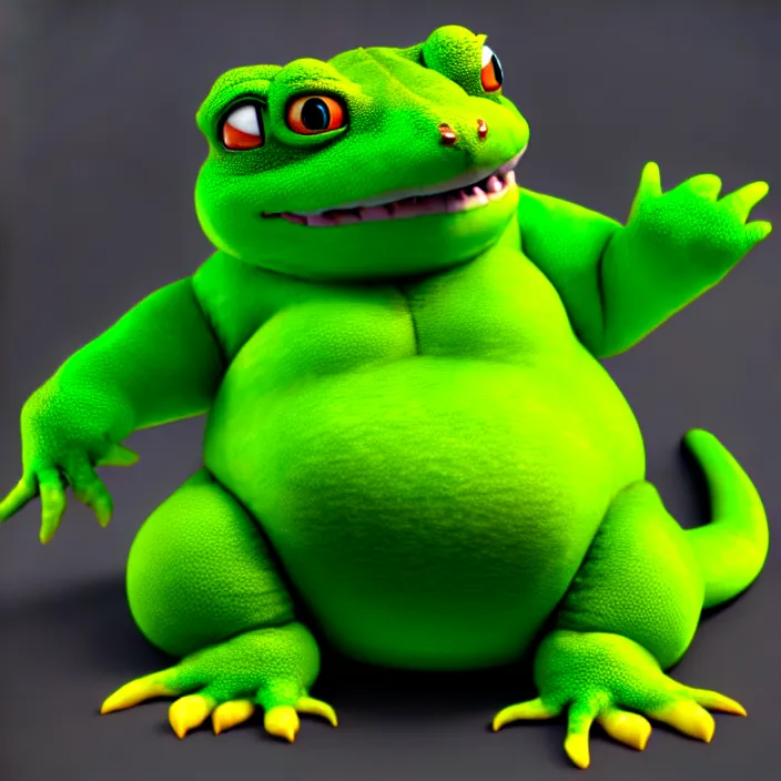 Image similar to a fat anthropomorphic male green gecko fursona waddling across vrchat, cute, 3 d, octane render, furry