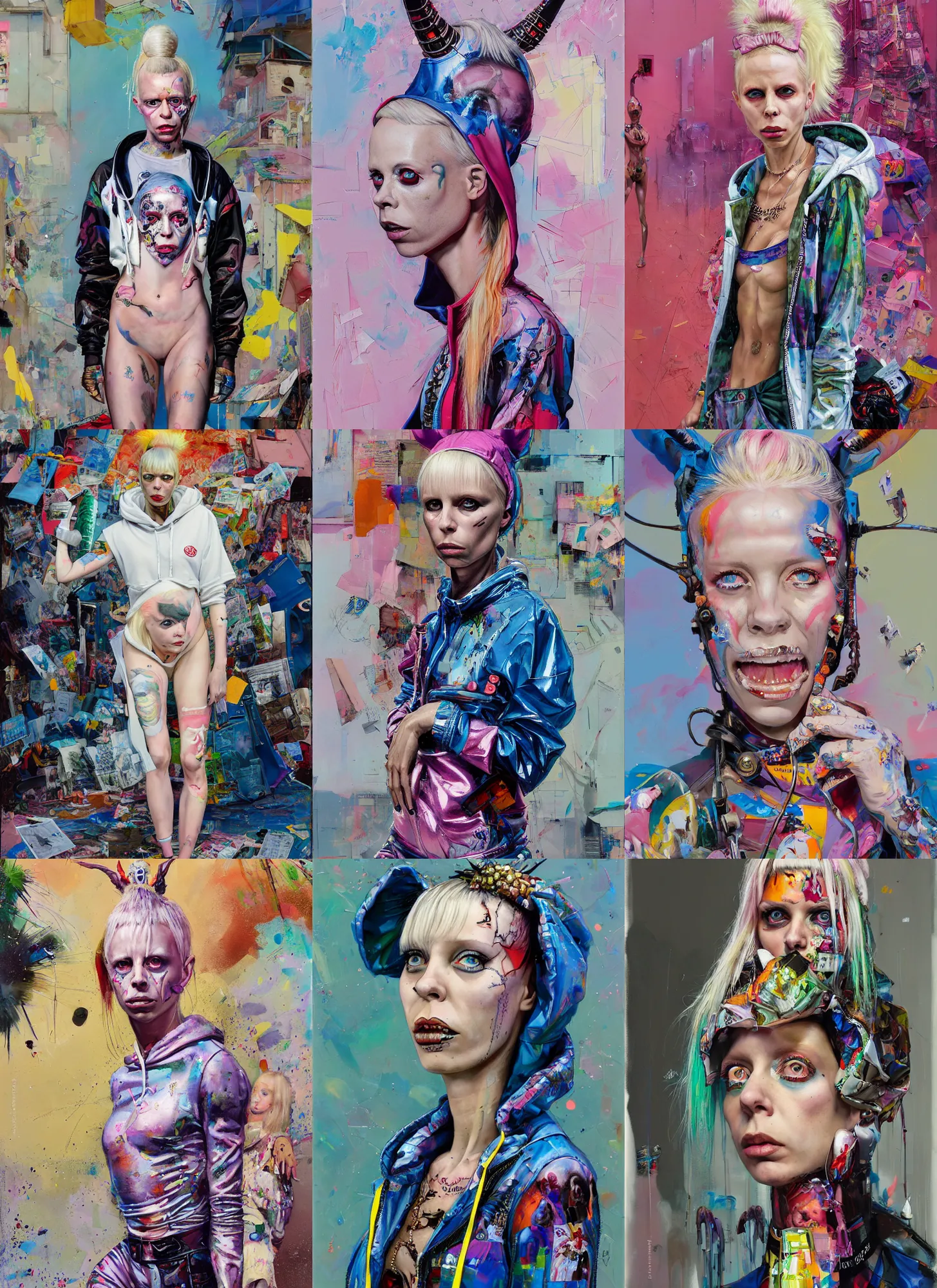 Prompt: yolandi visser in the style of martine johanna and donato giancola, wearing a hoodie, standing in a township street, street fashion outfit,!! haute couture!!, full figure painting by john berkey, david choe, ismail inceoglu, pastel color palette, detailed impasto, 2 4 mm lens