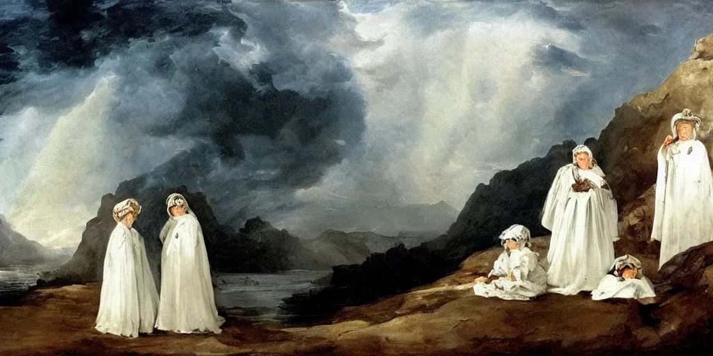 Image similar to hyperrealismBaptism on the river girls in white capes and death angels landscape in style of Goya