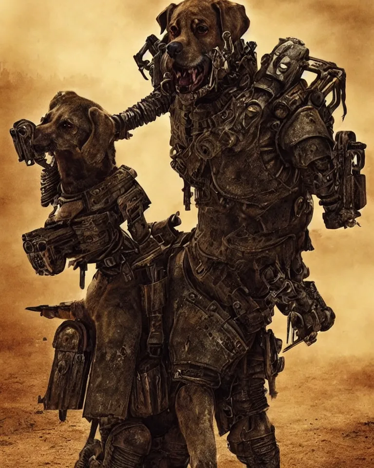 Image similar to a good ol'hound dog fursona ( from the furry fandom ), heavily armed and armored facing down armageddon in a dark and gritty version from the makers of mad max : fury road. witness me.