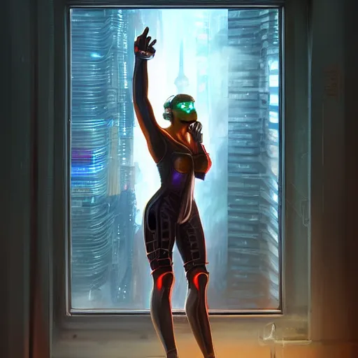 Prompt: portrait of cyberpunk woman looking out of a window, cyberpunk setting, futuristic, highly detailed, intricate lighting, digital painting, sharp focus, illustration, trending on artstation, art by boris vallejo.