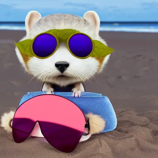 Prompt: a cute anthropomorphic furry ferret character wearing shades on a beach