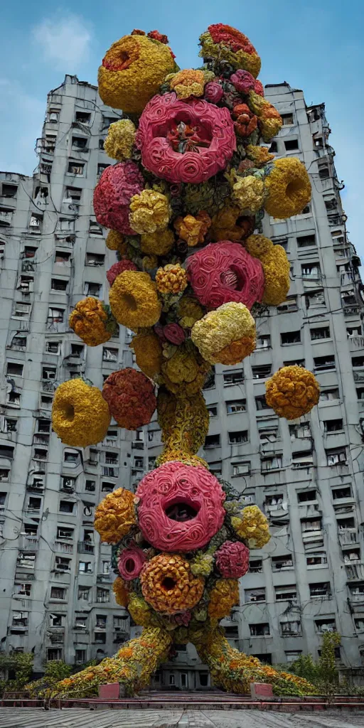 Image similar to colossal grotesque flower made from unfulfilled communist dreams in the middle of abandoned post soviet constructivist cityscape, Stalinist architecture, ultradetailed, Intricate by Hayao Miyazaki and Josan Gonzalez and Makoto Shinkai and Giuseppe Arcimboldo and Wes Anderson