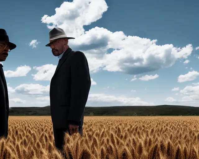 Prompt: extreme long shot of walter white wearing a black hat and gustavo fring standing facing each other from a distance in a wheat field, insanely detailed, low angle, side view, perfect angle, 8 5 mm photograph, 8 k resolution, wide shot, sharp lens, cinematic