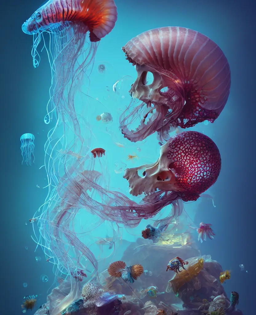 Image similar to human thorax, jellyfish phoenix head, nautilus, orchid, skull, betta fish, bioluminiscent creatures, intricate artwork by Tooth Wu and wlop and beeple. octane render, trending on artstation, greg rutkowski very coherent symmetrical artwork. cinematic, hyper realism, high detail, octane render, 8k