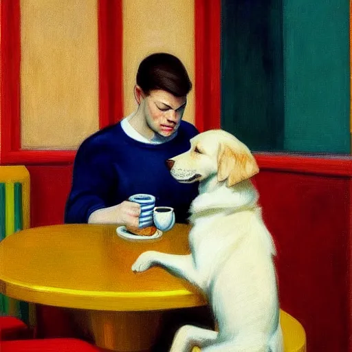 Prompt: golden retriever puppy sitting at a diner drinking a cup of coffee, looking melancholy, Edward Hopper