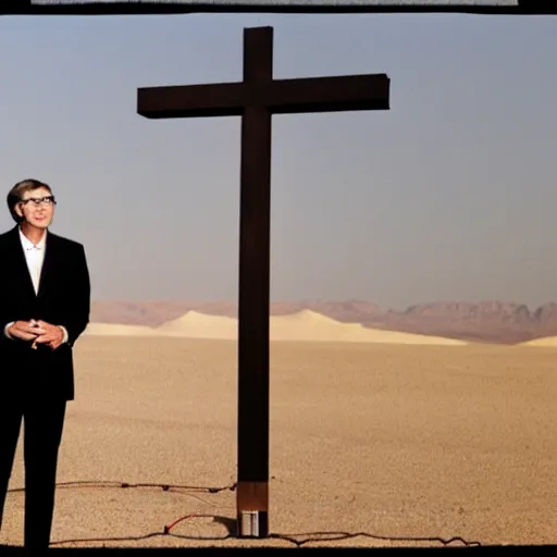 Image similar to bill gates on the cross in the desert surrounded by medical equipment. horror movie photograph.