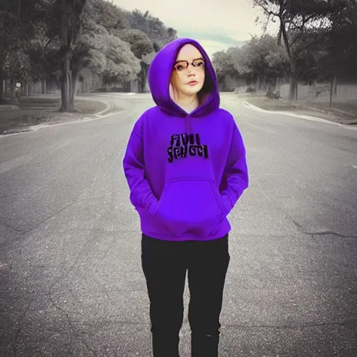 Prompt: “Sci fi, A female, full body, black hair with purple streaks, black hoodie with tech on it”