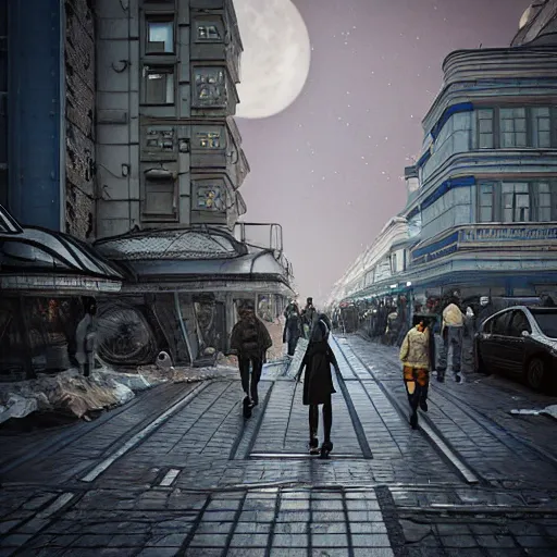 Image similar to Street photo in a crowded future city on Moon, Neo Norilsk, sci-fi, 35mm, intricate, very very beautiful, elegant, highly detailed, smooth, Unreal Engine 5, sharp focus, by Evgeny Zubkov, by Marat Zakirov, trending on Behance