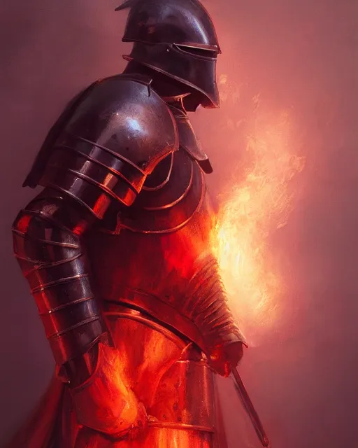 Image similar to Hyper realistic painting of a knight with armor made out of flaming embers, cracks in the armor, reflected light, red lighting, dark fantasy, fog, by greg rutkowski, trending on artstation