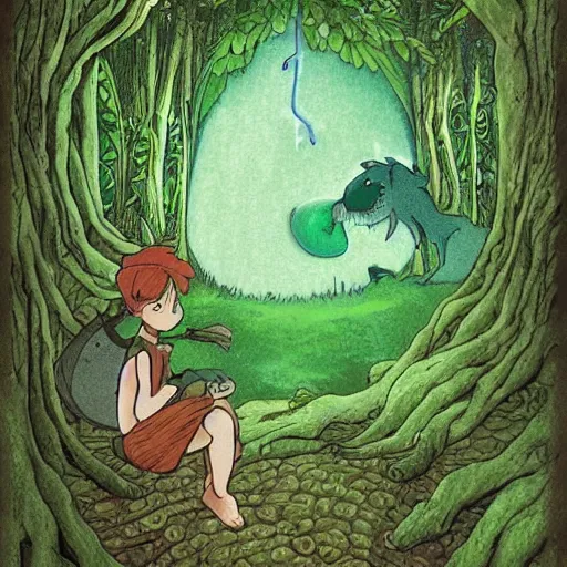 Image similar to a green genie ready to grant wishes deep in the forest, fantasy illustration, studio ghibli