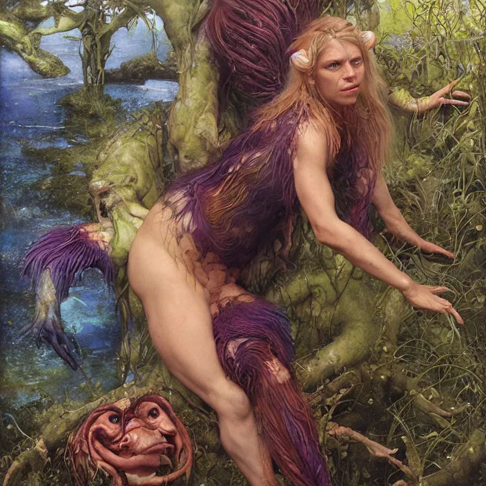 Image similar to a portrait photograph of claire danes as a brightly colored satyr amphibian hybrid with wet mutated skin. wearing a organic catsuit. by tom bagshaw, donato giancola, hans holbein, walton ford, gaston bussiere, brian froud, peter mohrbacher and magali villeneuve. 8 k, cgsociety