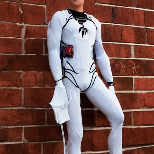 Image similar to white spider - man suit with black web lining, cinematic, volumetric lighting, realistic, hyperdetailed, photorealistic, photograph