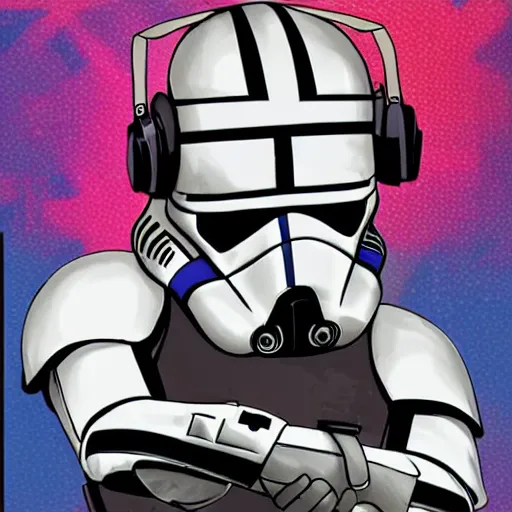 Image similar to svg sticker of a Pop-Wonder Storm-Trooper-Mandolorian-Helmet-Head-Hero-Villain at a rave, spinning records, giant headphones rocking out, wearing headphones, huge speakers, dancing, rave, DJ, spinning records, digital art, amazing composition, rule-of-thirds, award-winning, trending on artstation, featured on deviantart