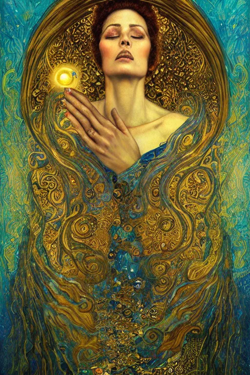 Image similar to Visions of Paradise by Karol Bak, Jean Deville, Gustav Klimt, and Vincent Van Gogh, visionary, ethereal saint portrait, otherworldly, dreamscape, radiant halo, fractal structures, infinite wings, ornate gilded medieval icon, third eye, spirals, heavenly spiraling clouds with godrays, airy colors