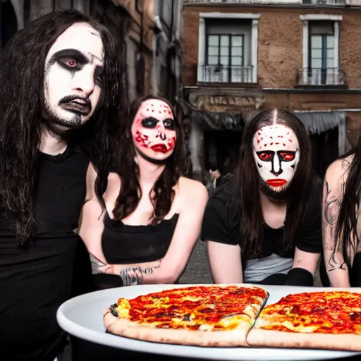 Image similar to a black metal band with makeup standing eating pizza in rome