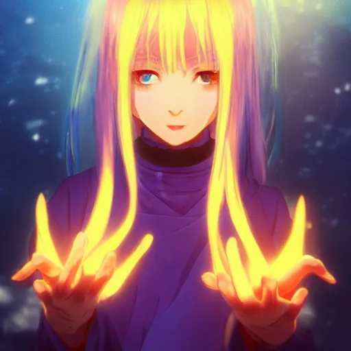 Image similar to rimuru tempest from tensura holding purple fire in her palm, with amber eyes of golden colored eyes, straight hair, sky blue hair, long bangs, concept art, award winning photography, digital painting, cinematic, wlop, 8 k, by ross tran, andy warhol, makoto shinkai