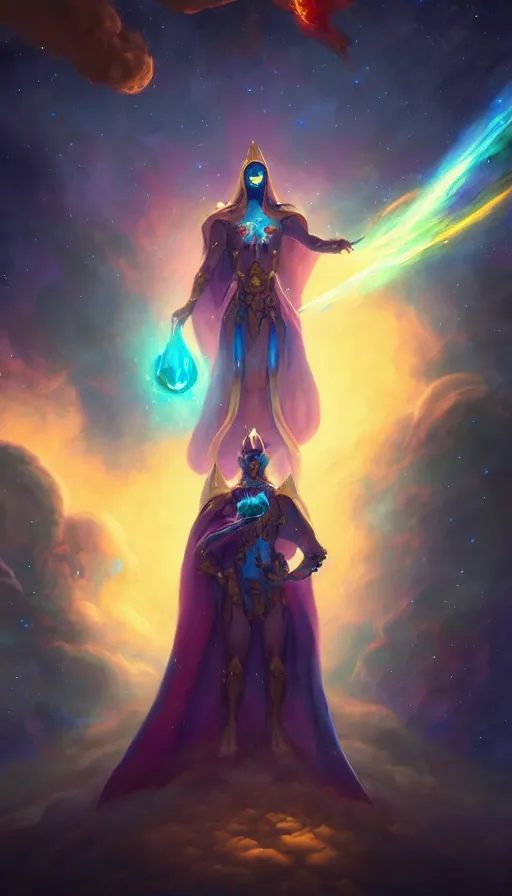 Image similar to cosmic wizard with a cape, epic scene, colors, holy, full body, galaxy, and, stars, atmosphere, unreal engine, pixar, video game, ethereal, insanely detailed, symmetrical, concept art, peter mohrbacher, charlie bowater, artstation, cinematic, video game, digital painting, artist maena, 4 k