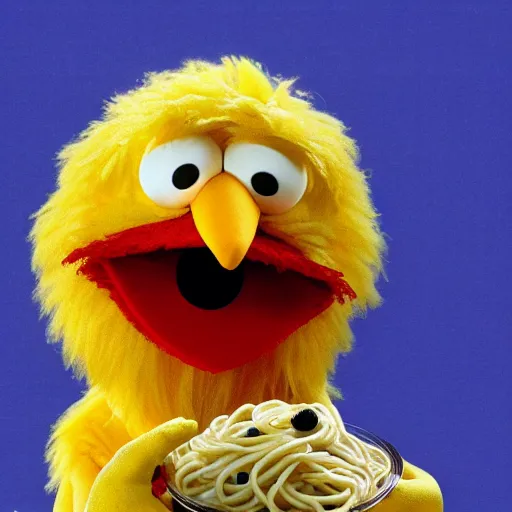 Prompt: Big Bird from Sesame Street eating a bowl of SpaghettiOs