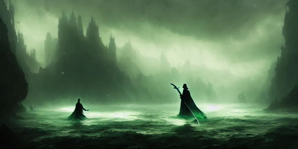 Image similar to magical subterranean river styx, a man in a cape on a boat with a sword, ethereal swirling green mist, dramatic lighting, magical atmosphere,, gothic illustration, greg rutkowski, andreas rocha, ashley wood, soft edges, low detail, trending on artstation