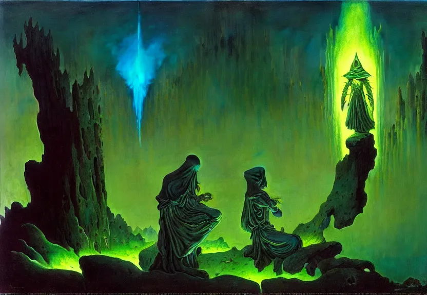 Image similar to the arcanist and the artificer by albert bierstadt and gerald brom and zdzisław beksinski and james gilleard, floating metallic objects, blue flames, low light, glowing green crystals