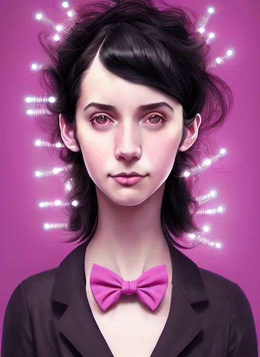 Image similar to portrait of high school girl, realistic, black hair, bangs, half updo hairstyle, pointy nose, skinny, smile, ugly, defined jawline, big chin, pink hair bow, earrings, intricate, elegant, glowing lights, highly detailed, digital painting, artstation, sharp focus, illustration, art by wlop, mars ravelo and greg rutkowski