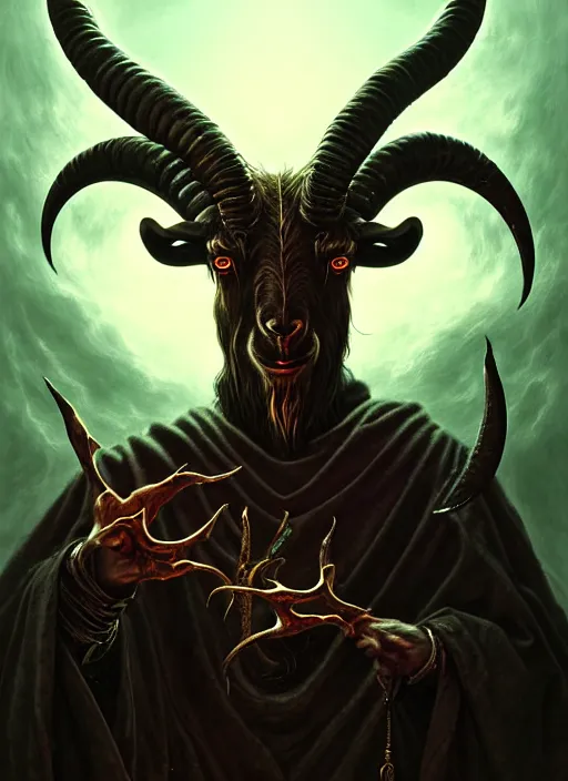 Image similar to elden ring themed orthodox baphomet goat icon tarot card portrait, piercing gaze, byzantine aesthetic, doom, religious, sinister, ornate, intricate, beautifully backlit, subtle tones, digital painting, concept art, smooth, sharp focus, illustration, art by josan gonzalez, greg rutkowski, killian eng and zdizslaw beksinski