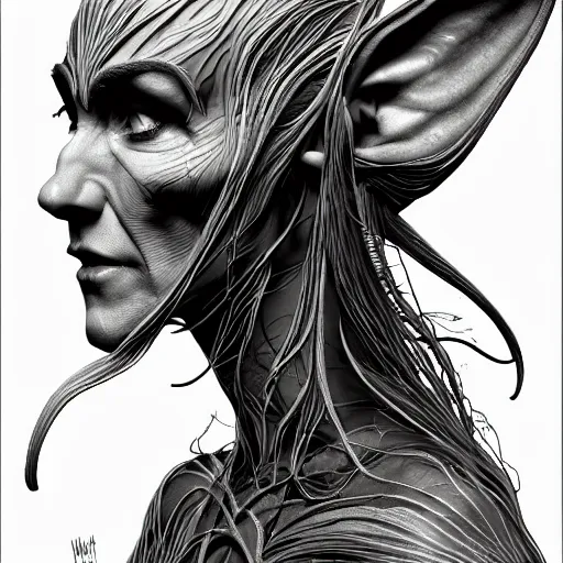 Prompt: wideview of an elven witch,intricate, veins, by Hugo pratt, ultradetailed, trending on artstation,