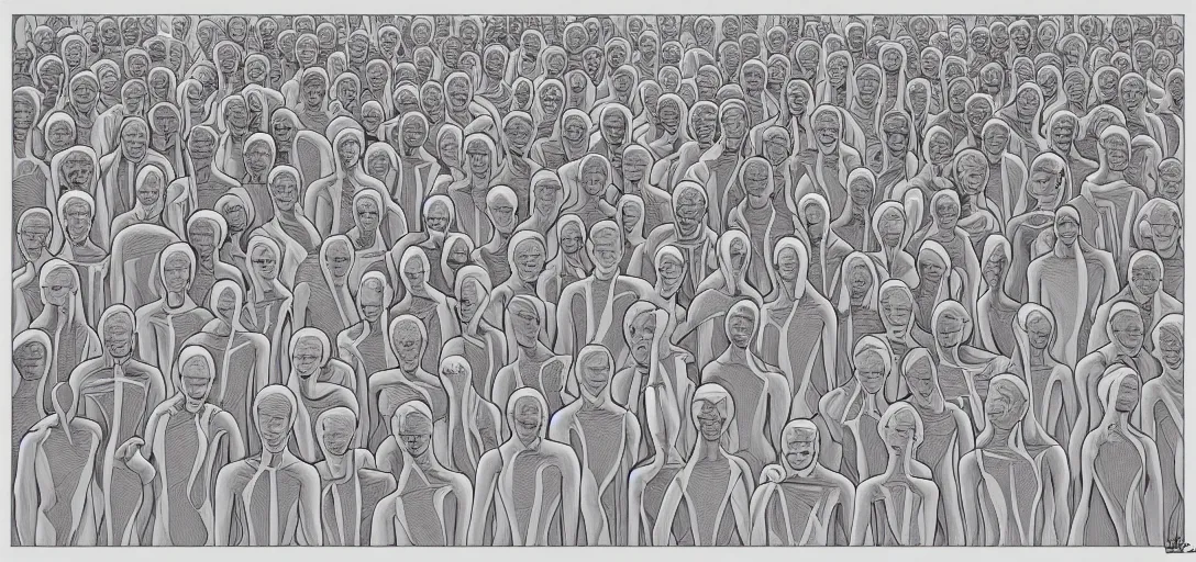 Image similar to symmetry! portrait of multiple human in solid silhouettes, posing, mooc, organic and intricate, elegant, highly detailed, concept art, smooth lines, sharp focus, illustration, high contrast, shadows, painted with thin colored pencils on white, 8 k