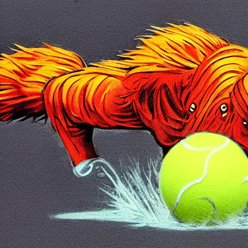 Prompt: a tennis ball monster ,tennis ball,water, chalk, digital art, fantasy, magic, trending on artstation, ultra detailed, professional illustration by Basil Gogos