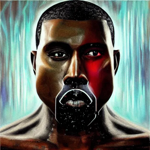 Prompt: a realistic oil painting of a cybernetic kanye west cyborg, surrealism portrait, post apocalyptic album cover